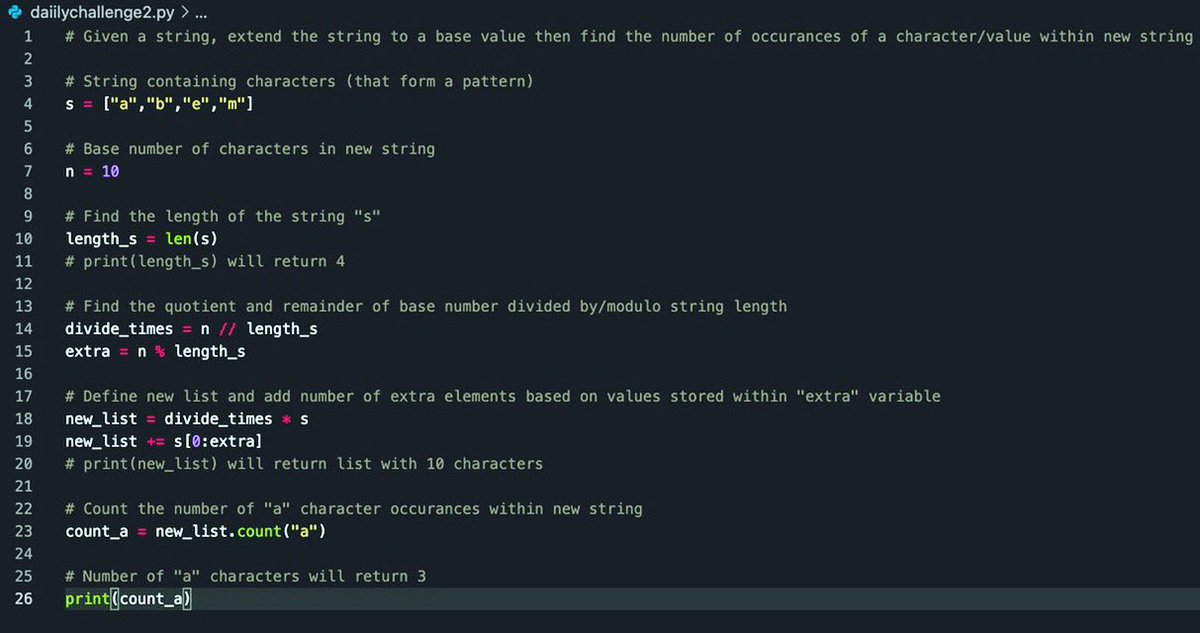 TheAlienPrinx's tweet image. #100DaysOfCode Day 2: Increasing the length of a string to a base number, then finding the number of character occurrences within the new string 👨🏾💻🐍
#pythonfordevops #python #pythonprogramming #python3 #learnpython