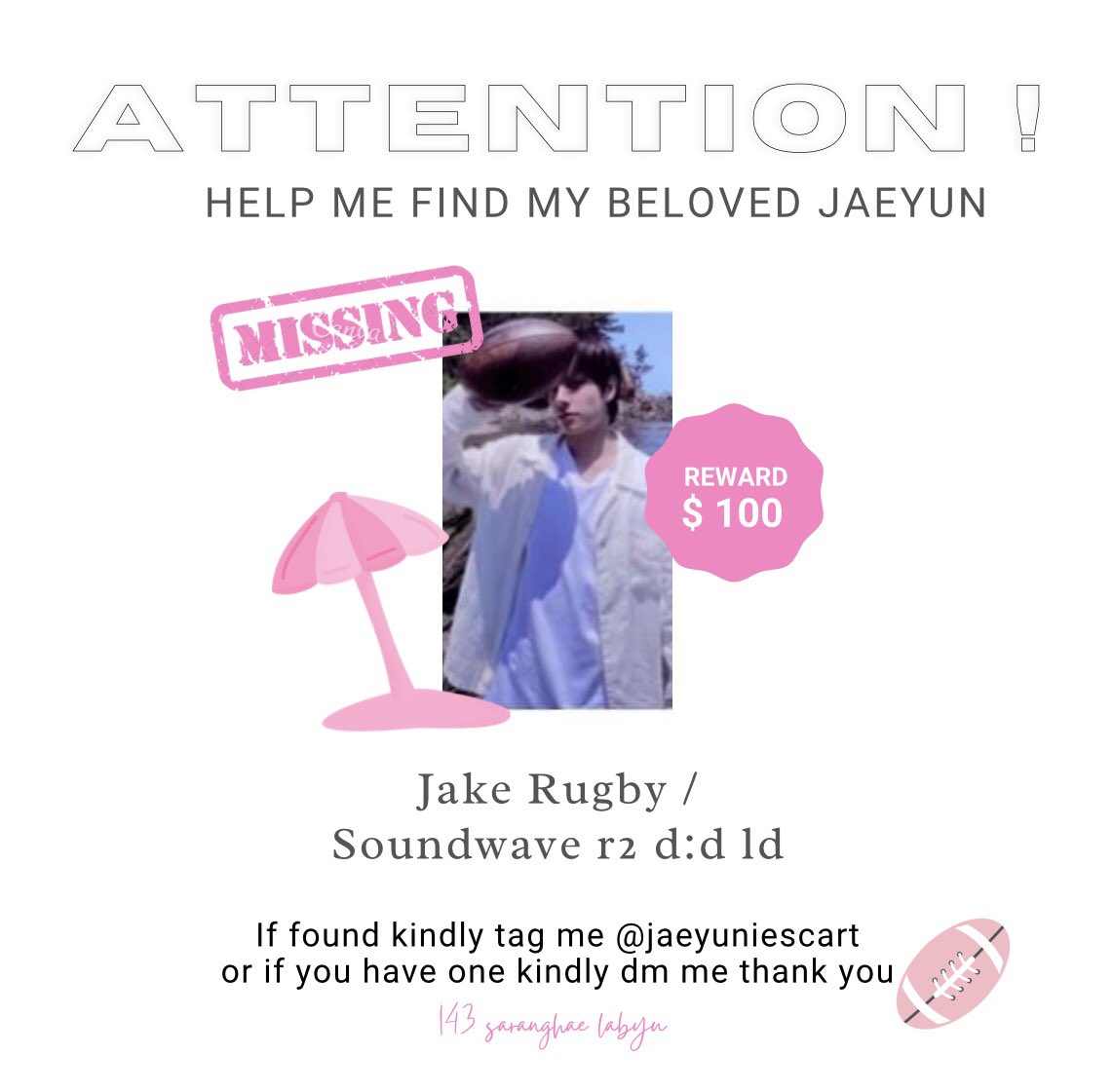 #jaeyuniewishes ᕱ⑅ᕱ

( wtb · lfs · ph )

𓏔  jake d:d soundwave r2 ld
      
𓏸 preferrably on hand
𓏸 800 max budget
𓏸 can payo
𓏸 i need kasama magbeach
dm me your offers 𓂅

𖥻 : wtb lfs ph jake dimension dilemma
     soundwave r2 ld pc jake rugby ☻

help rt tysm ! 🏈🏄‍♀️🏖