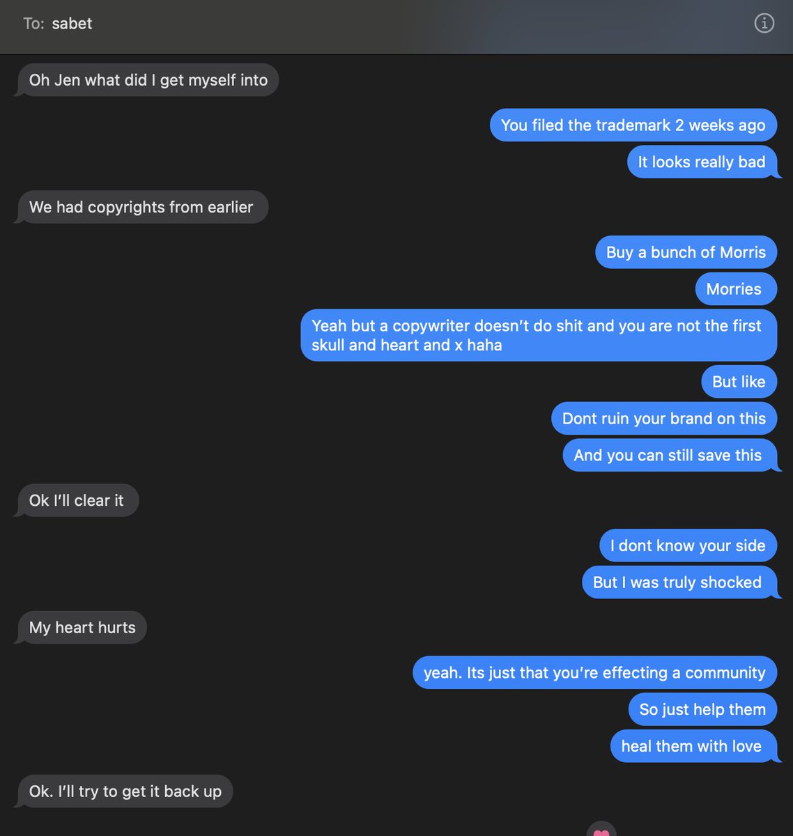 The ball is in <a href="/sabet/">sabet</a> court to do the right thing and he literally said he would... I feel like this space is no longer productive. lets all hold each other accountable to make this space better than web2 &amp; bs industries that suck