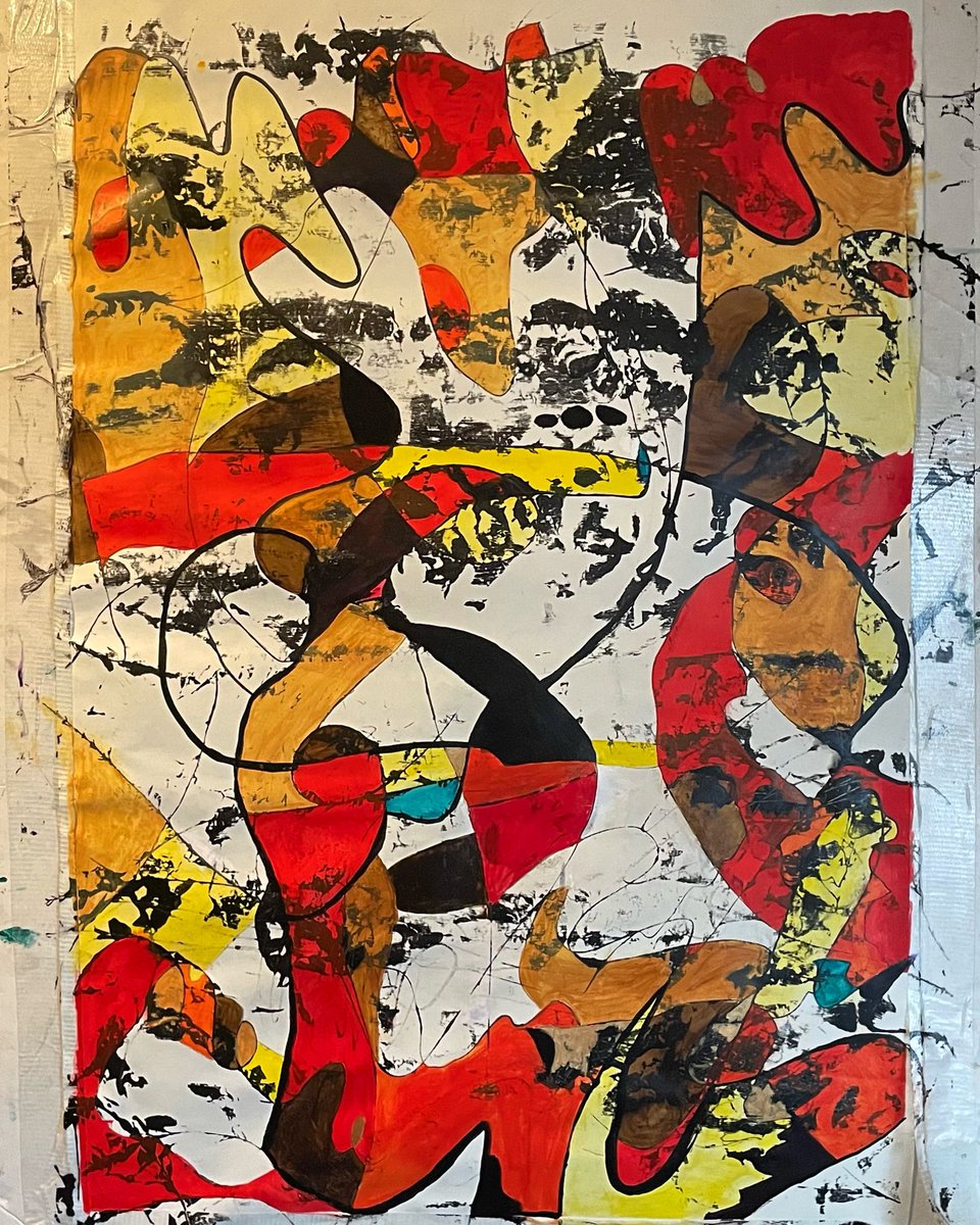 annbentonart's tweet photo. My newest piece—acrylic on paper w/ lots of line work. I used vibrant warm colors of very thinned out acrylic. I’m calling this one “Beehive” because she’s full of energy and so busy at work.😉 She measures  24”x32” and can be framed in any color. #annbentonart #annbentonyeager https://t.co/IMWPCZfZ6F