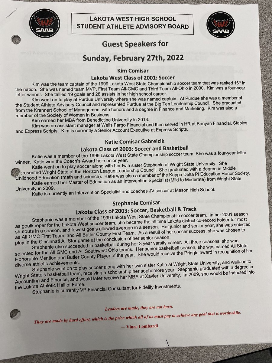 LakotaWestAD's tweet image. Tonight’s SAAB Speakers:
‘01 Grad, Kim Comisar (Soccer), ‘03 Grad, Katie Comisar Gabrelcik (Soccer, Basketball) &amp;amp; ‘03 Grad, Stephanie Comisar.
All part ‘99 State Champ Soccer Team.

Great group committing to 3 hour mtg tonight to make up missed time for Omicron. #ThatsCommitment