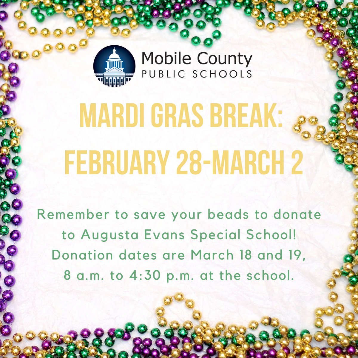 Happy Mardi Gras to everyone at MCPSS! Enjoy your holiday, and we'll see you back on Thursday, March 3. #LearningLeading #FinishStrong