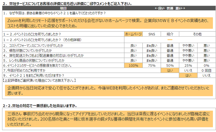 アンケート お客様の声 イベント21