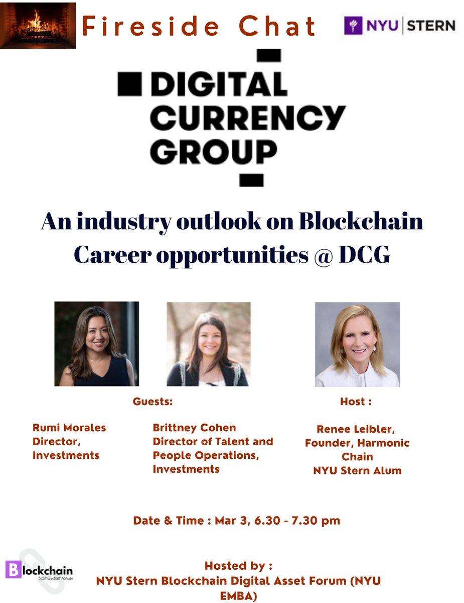 Thu Mar 3, 2022 6.30 pm - Fireside chat on Career opportunities with Digital Currency Group - Investments Division

nyu.zoom.us/webinar/regist…