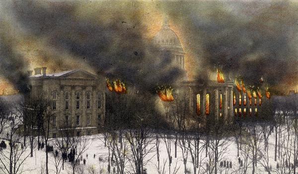 WisHistory's tweet photo. On this day in 1904 despite its state-of-the-art firefighting system, 2nd State Capitol building in Madison was destroyed by fire. https://t.co/hCin5ZPt5b 📷: Postcard depicts fire. Smoke & flames have been dramatically enhanced by postcard publisher. WHI Image ID 23250 https://t.co/oxxfOa4qgL