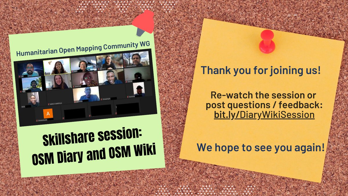 hotosm's tweet image. The humanitarian open mapping communitywg held a skillshare session on #OSMDiary and #OSMWiki last week.
You can find the resources (videos & slides), ask questions and provide feedback at: bit.ly/DiaryWikiSessi…. #communitywebinar
