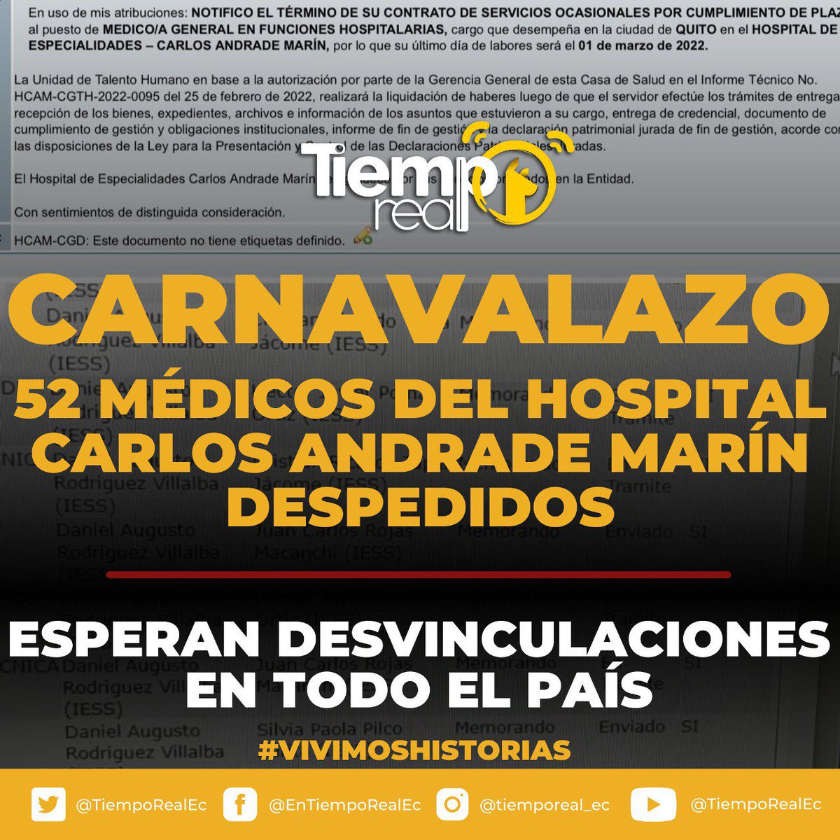 TiempoRealEC's tweet photo. 🔴.#URGENTE #ReporteLlamingo 
📌 Desde el Hospital Carlos Andrade Marín del @IESSec 
📌 Con fecha 25/02/2022 son despedidos 52 médicos.
📌 Notificados con la terminación de contratos ocasionales.
📌 Sería la primera parte de desvinculaciones de salubristas en todo el #Ecuador https://t.co/zWfRTM0KcZ