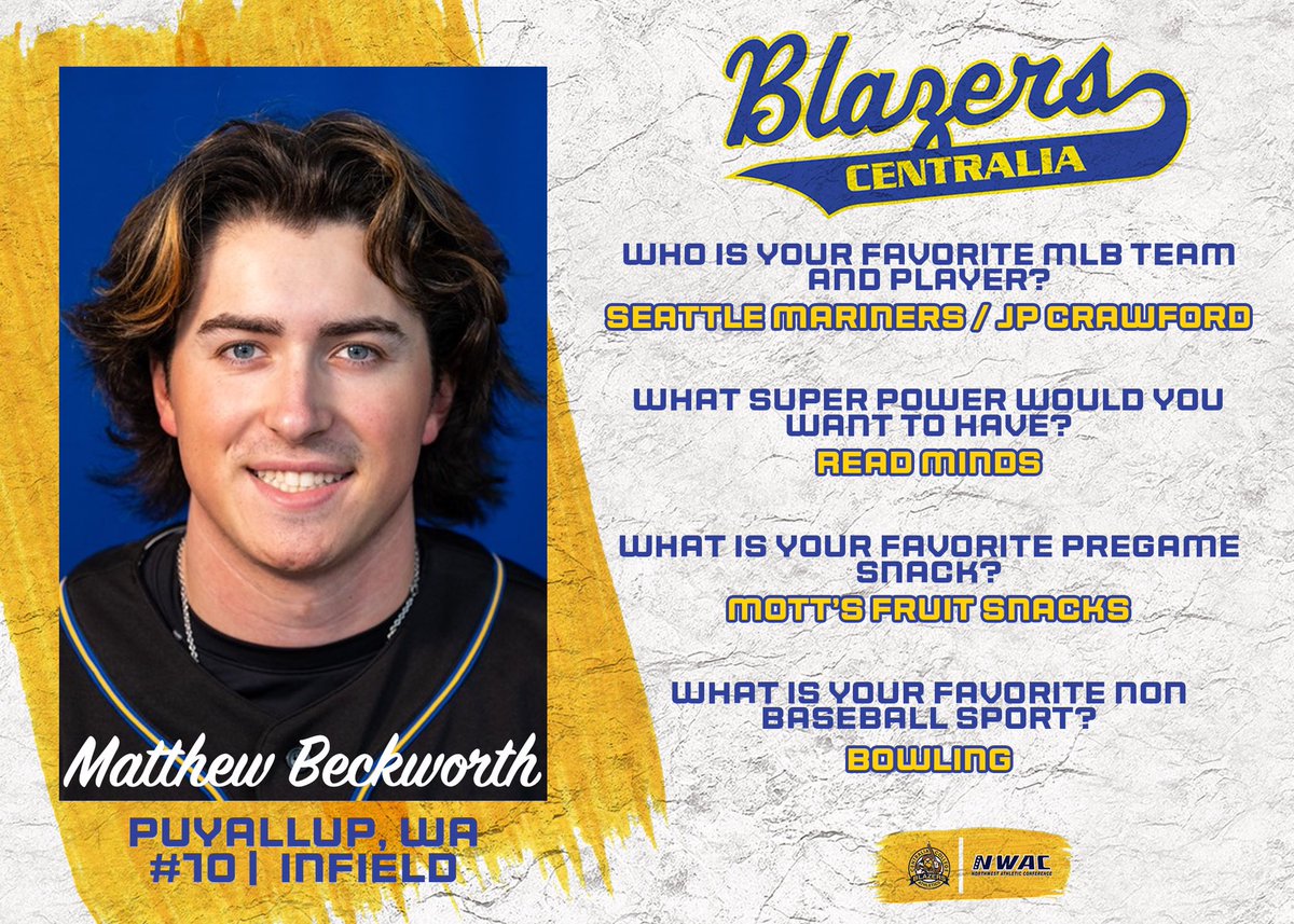 Despite the rainout today, it’s a great time to meet another Blazer! Tonight is #10 Matthew Beckworth. 

“Becky” is a well rounded player who excels in the classroom and can play multiple positions. He will be a big piece of the team this season! #BlazersOnTheRise⬆️