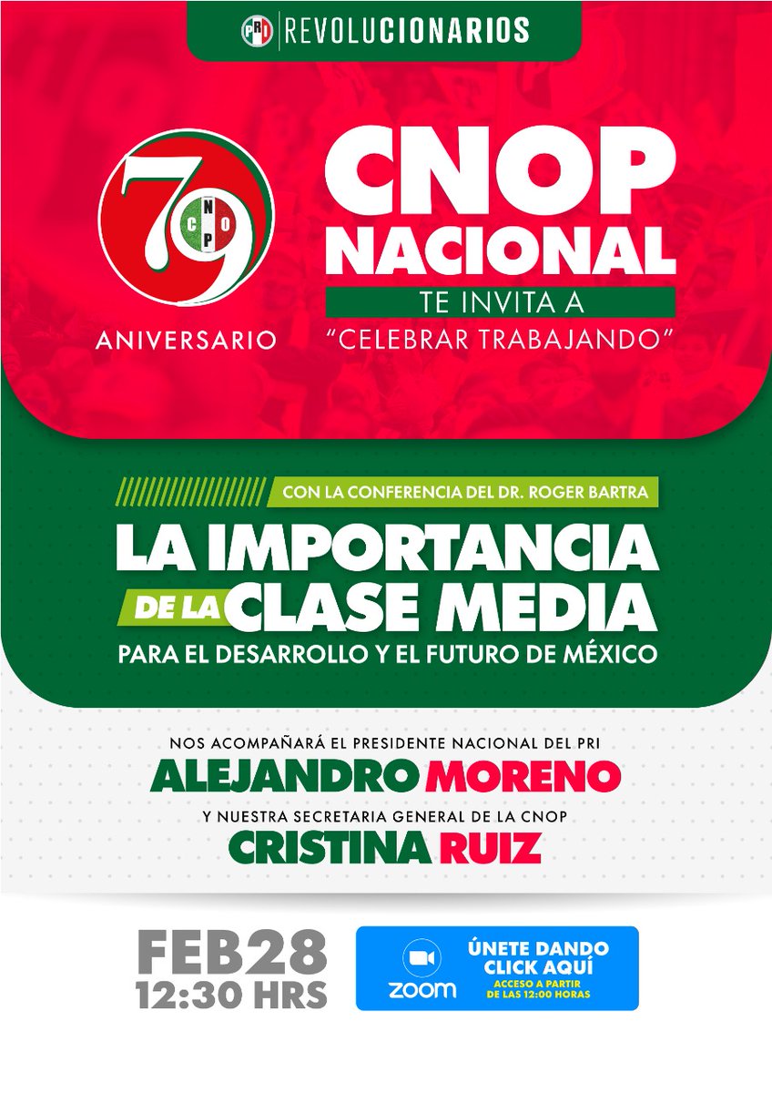 CNOPNacional's tweet photo. Celebremos juntos el 79 aniversario de la Confederación Nacional de Organizaciones Populares, tendremos el gusto de escuchar la Conferencia del Dr. Roger Bartra a través de la plataforma de Facebook del @PRI_Nacional.
-@CristinaRuiz_S- https://t.co/OQOubI4jef