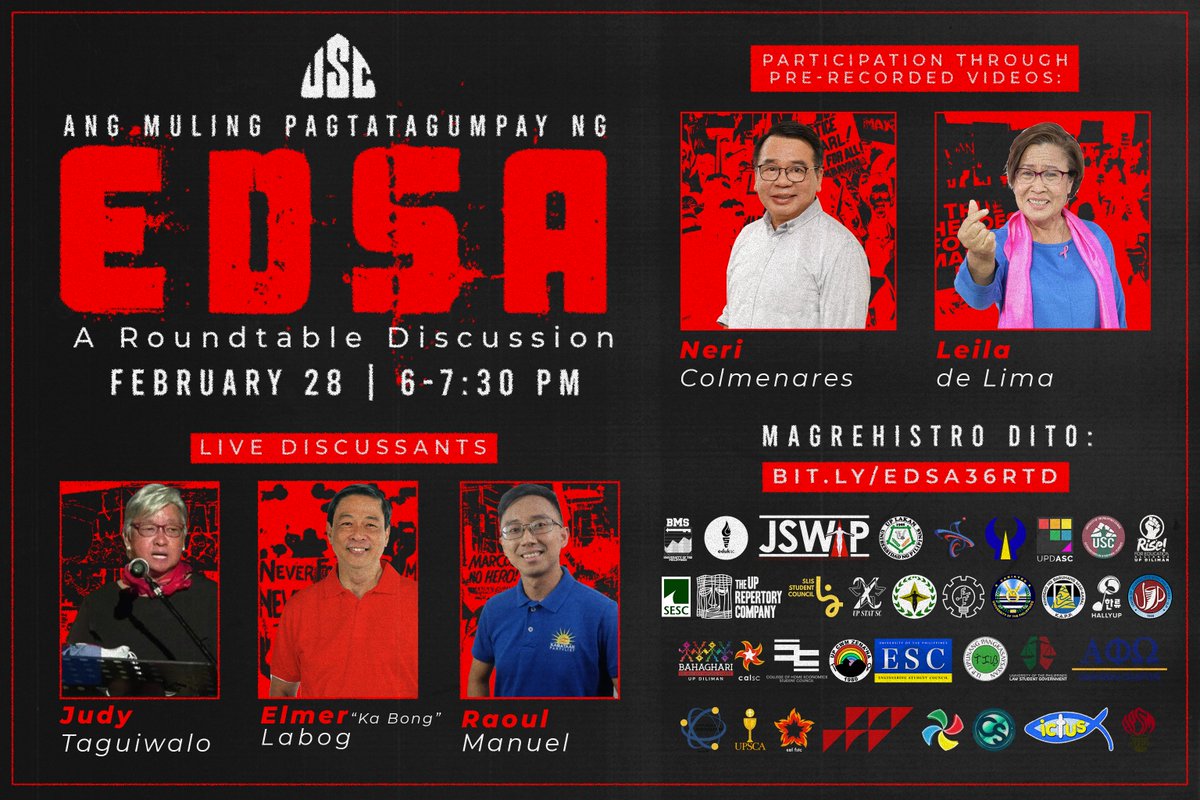 USCUPDiliman's tweet photo. Narito ang mga makakasama nating panauhin sa ating diskusyong pinamagatang “Ang Muling Pagtatagumpay ng EDSA: A Roundtable Discussion”.

#EDSA36
#NoToMarcosDuterte2022 https://t.co/2PFMFzPRmj
