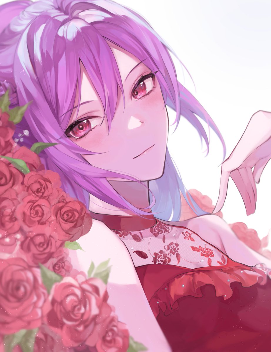 1girl flower solo red dress rose dress purple hair  illustration images