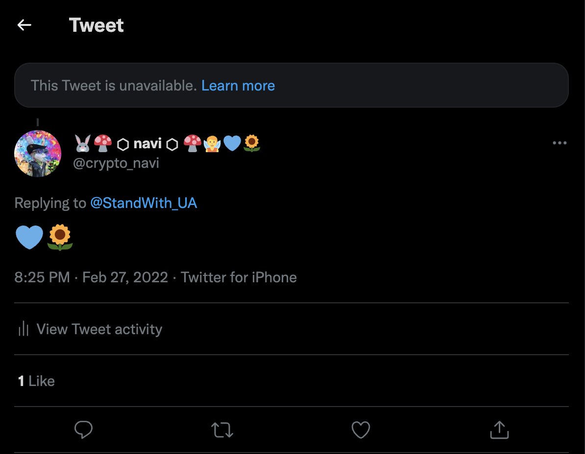 navi9000x's tweet photo. @StandWith_UA Looks like the #StandWithUkraineDrop post is getting muted by @Twitter... but why? The account isn't deactivated, and the posts don't call for violence. What's up with that @paraga? https://t.co/HL47mgs9ki