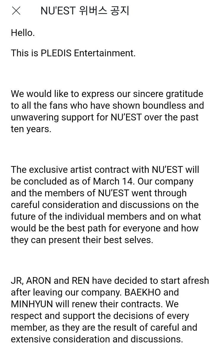 nuesvtgemini's tweet photo. jr aron ren leaving pledis
baekho minhyun renew

so the nuest album that going to be released on march is a good bye album. https://t.co/Qb8vEpoVrJ