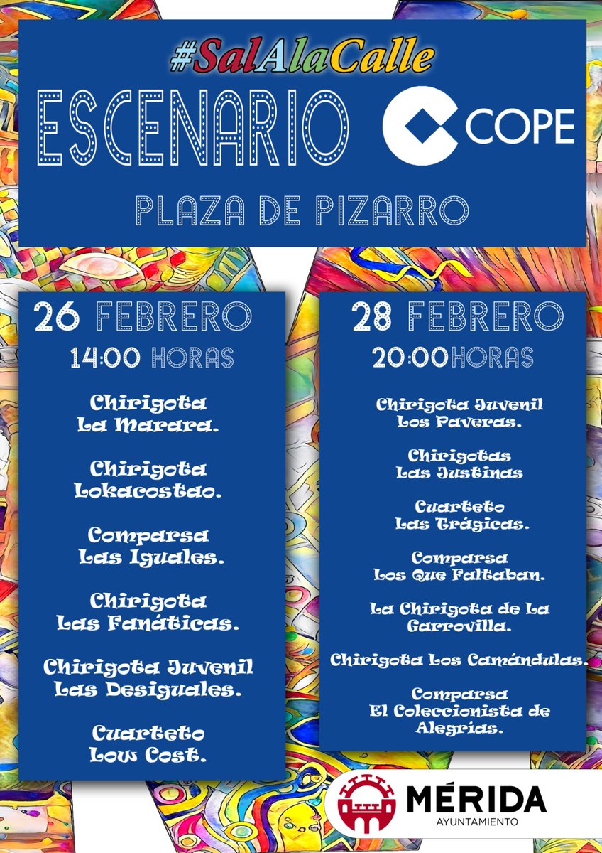 🎭 Hoy, Lunes de Cantera, no te pierdas nada de las actividades carnavaleras como el desfile infantil y el taller de superhéroes y superheroínas por la mañana, los cantacalles, exhibiciones de baile o el Concurso de Drag Queen... #SalALaCalle #CarnavalRomano2022