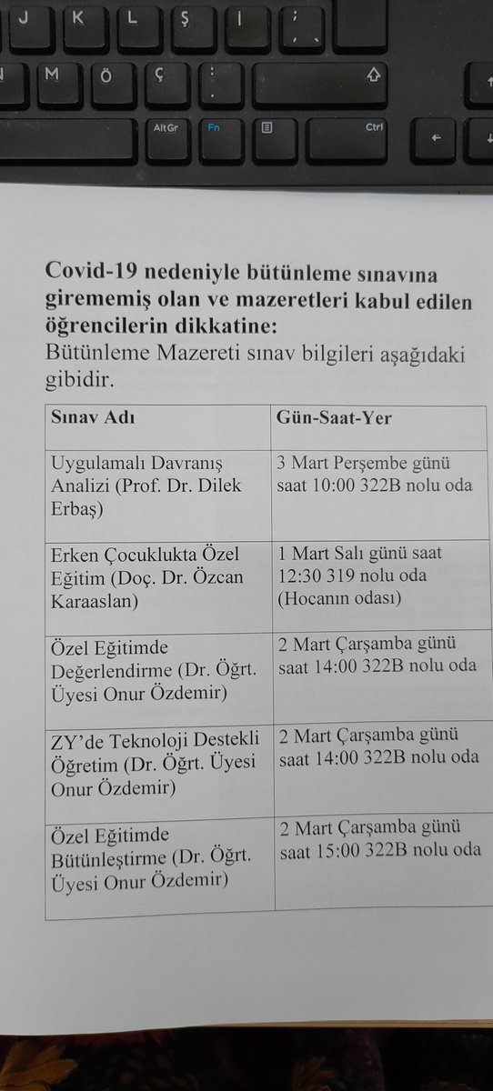 Bütünlemenin mazeretine girecek öğrencilerin dikkatine!