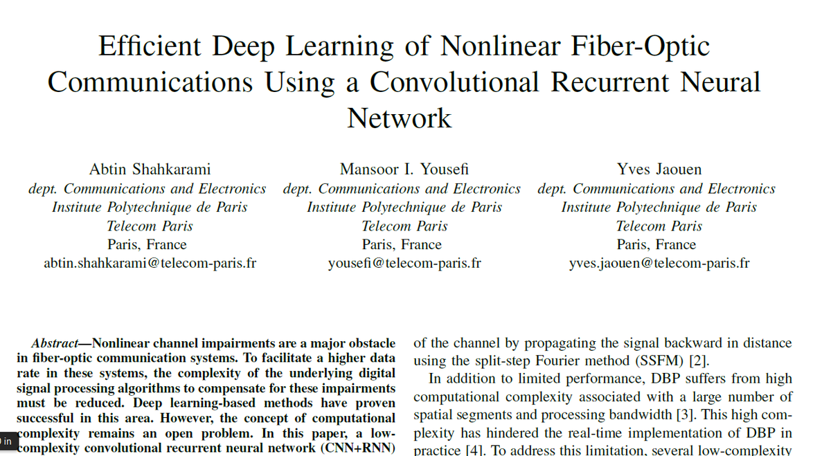 EidFonte's tweet photo. 'Efficient equalization in nonlinear fiber-optic communications using a convolutional recurrent neural network'
Full text #openaccess publication of @AbtinShahkarami
โก๏ธhttps://t.co/Spl3s6Hu7q
#FONTEDissemination #NeuralNetworks #NN #ML #fiberoptics #photonics #nonlinear #optcom https://t.co/EaUKLHPtxU