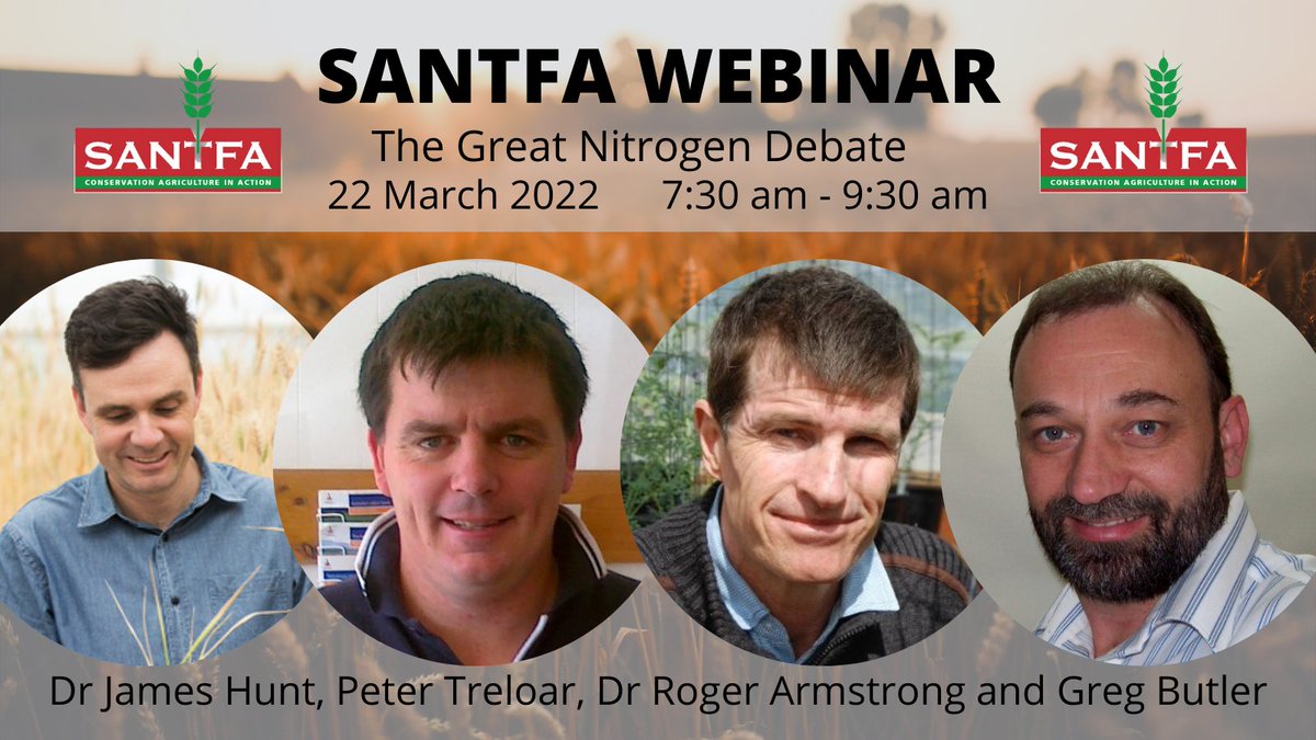 SANTFAs Great Nitrogen Debate Webinar 
22nd Mar @ 7:30 AM-9:30 AM Cost $FREE 
==> santfa.com.au for more details Speakers:  James Hunt, Pete Treloar, Roger Armstrong MC Greg Butler
#nitrogen #grains #notill #SANTFA <a href="/theGRDC/">GRDC</a> 
<a href="/SAGrainTrust/">SAGIT</a> @PIRSA @AgBureausSA @VicNoTill