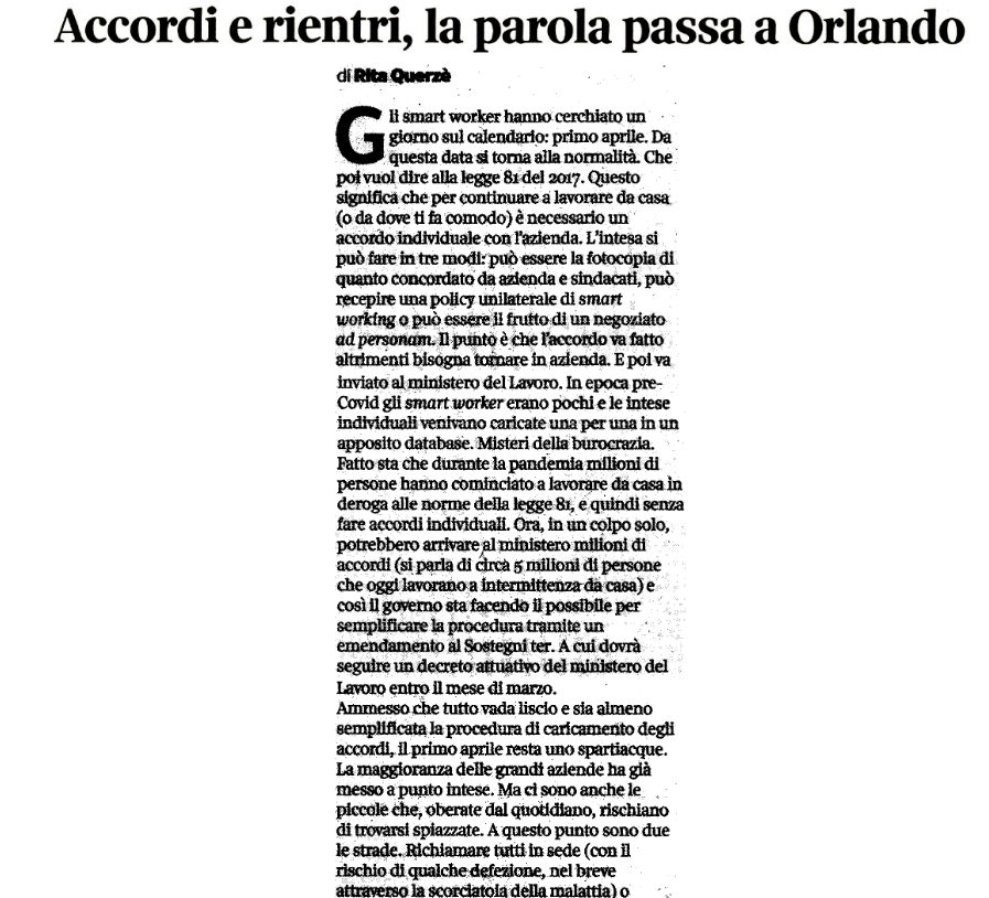 SmartWorkersUn1's tweet photo. La data del 1 aprile sarà uno spartiacque per gli #smartworkers. Nel lavoro privato fino a 5 milioni di persone potrebbero continuare a lavorare in #smartworking . Il @MinLavoro prepara un emendamento per semplificare le procedure previste dalla legge 81/2017. @rquerze https://t.co/zXKRGGEVpK