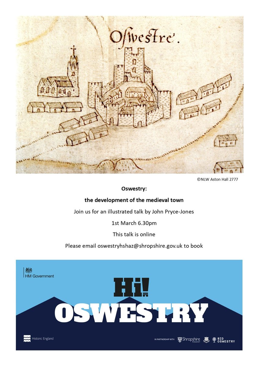 Here's one for all you history buffs! 

John Pryce-Jones will be giving a talk entitled Oswestry: the development of the medieval town tomorrow at 6.30pm! 

The online talk can be booked by emailing: oswestryhshaz@shropshire.gov.uk