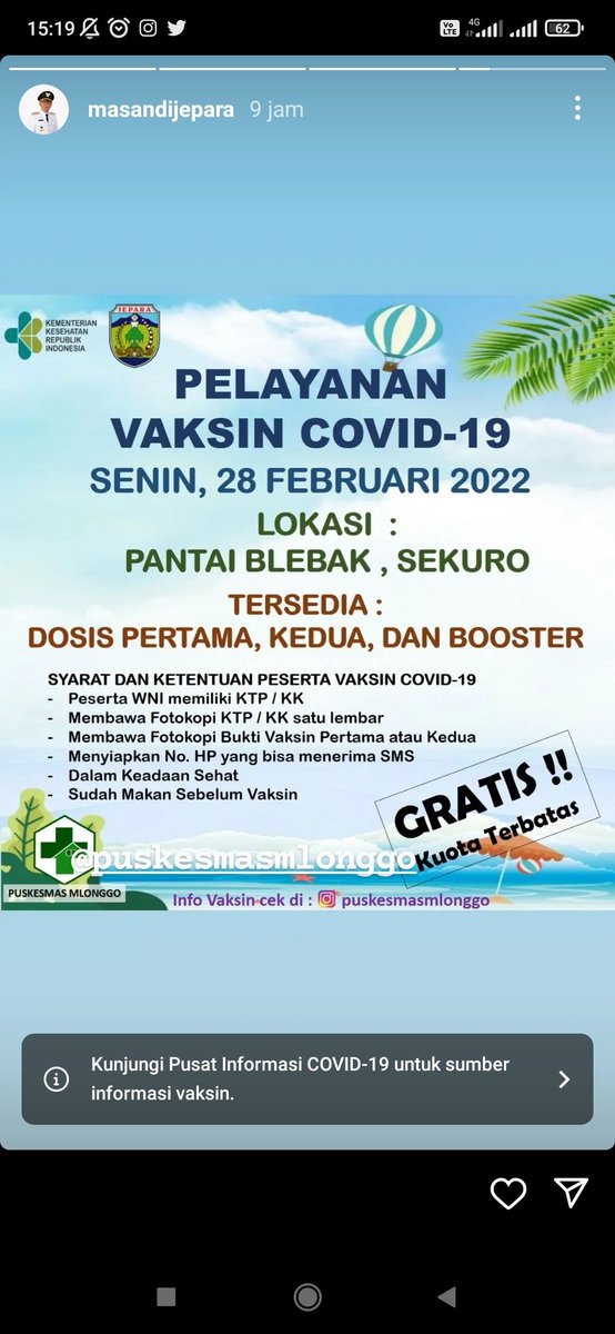 ILoveJepara's tweet photo. Sayang sekali pak @masandijepara informasi vaksin seperti ini cuma disebar melalui story Instagram saja. 

Wes tak bantu di twitter. Meski telat sih sebenarnya. Besok-besok pasword twitter dicatat dan simpan pak. Siapa tahu selama ini lupa kata sandinya. https://t.co/w8imAmfs2r