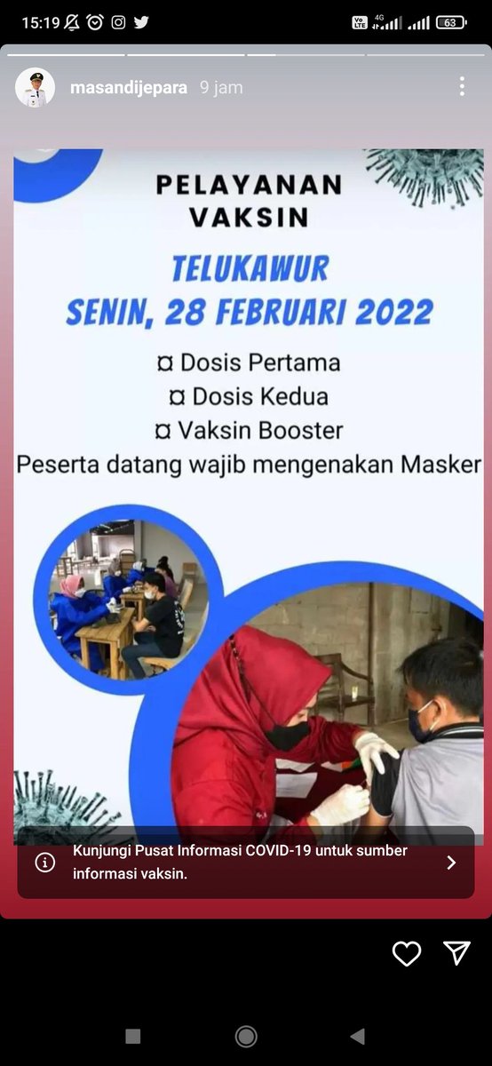 ILoveJepara's tweet photo. Sayang sekali pak @masandijepara informasi vaksin seperti ini cuma disebar melalui story Instagram saja. 

Wes tak bantu di twitter. Meski telat sih sebenarnya. Besok-besok pasword twitter dicatat dan simpan pak. Siapa tahu selama ini lupa kata sandinya. https://t.co/w8imAmfs2r