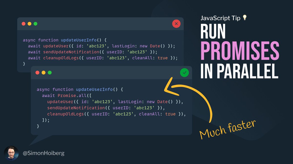 JavaScript Tip 💡 

Speed asynchronous tasks up by running them in parallel.

If the tasks don't rely on the result from the previous one, simply wrap them in Promise.all and run them in parallel.
It's much faster 🚀