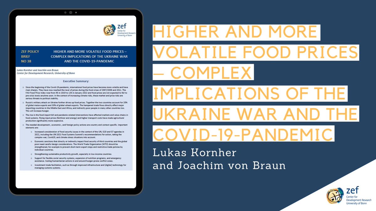 Russia’s military attack on #Ukraine further drives up food prices. Together the two countries account for 20% of global maize exports and 30% of global wheat exports. Read more on this in the latest ZEF Policy Brief by Lukas Kornher &amp; @joachimvonbraun 
➡️bit.ly/ZEF-PB38