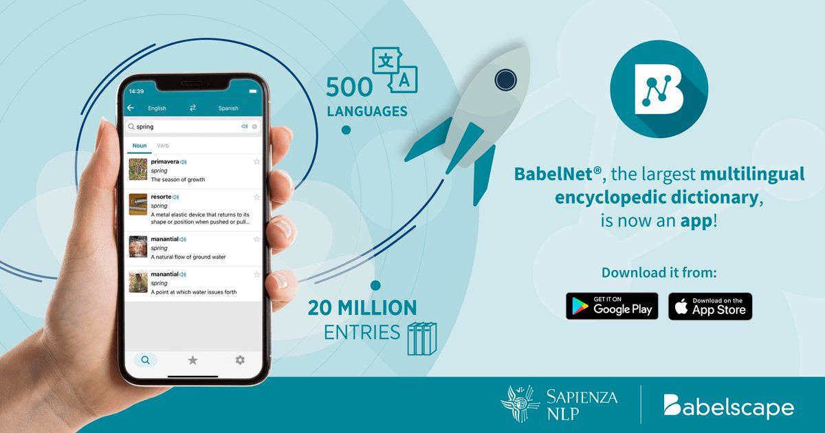 babelscape's tweet photo. #BabelNet is now an app! 20 million meanings and millions of definitions in 500 languages on your mobile phone! 

Google Play 👉 https://t.co/P69oJ9xPOw 
Apple store 👉 https://t.co/EbGRrmnRAG 

#applaunch #applaunchday #applaunching #AppStore #PlayStore @babelscape @SapienzaNLP https://t.co/Is6SlBx2O4