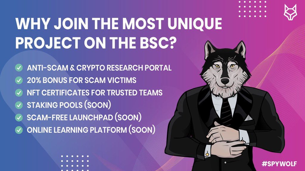 <a href="/cryptogems555/">Crypto GEMs 📈🚀</a> You've never seen a project like ours. Cleaning up the BSC from scammers, giving holders a nice passive income in BNB and educating investors on how to avoid scams through unique tools. Just what the BSC doctor ordered
<a href="/SpyWolfNetwork/">SPYWOLF</a> 

 #SpyWolf #BSC #Crypto #Binance