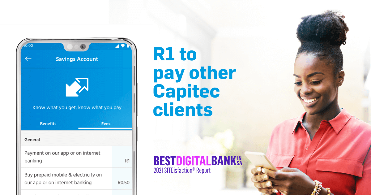 CapitecBankSA's tweet photo. Banking with SA’s best digital bank means it costs you just R1 to make a payment to another Capitec client on our app. And they get their money instantly! #SimplifyBanking https://t.co/ghTTYfnchi