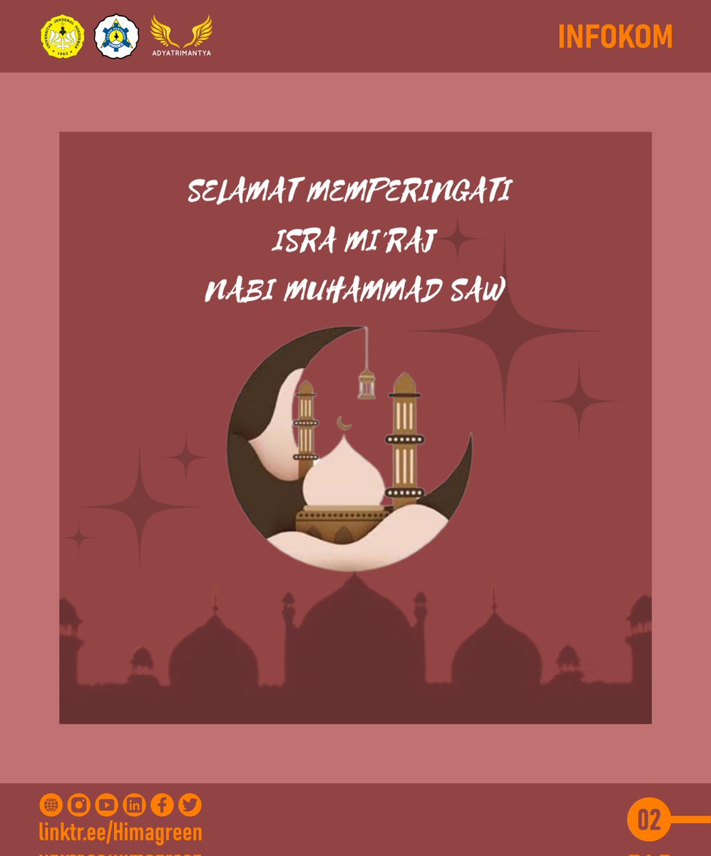 Himagreen's tweet photo. [ISRA MI'RAJ NABI MUHAMMAD SAW]

Selamat memperingati Isra Mi’raj 1443 Hijriyah bagi seluruh umat Muslim. Dengan mengingat peristiwa Isra Miraj, mari jadikan setiap salat sebagai napas terakhir, kebutuhan utama, dan jalan kita untuk selalu mendekatkan diri pada Allah SWT. https://t.co/7LOb2nVSAA