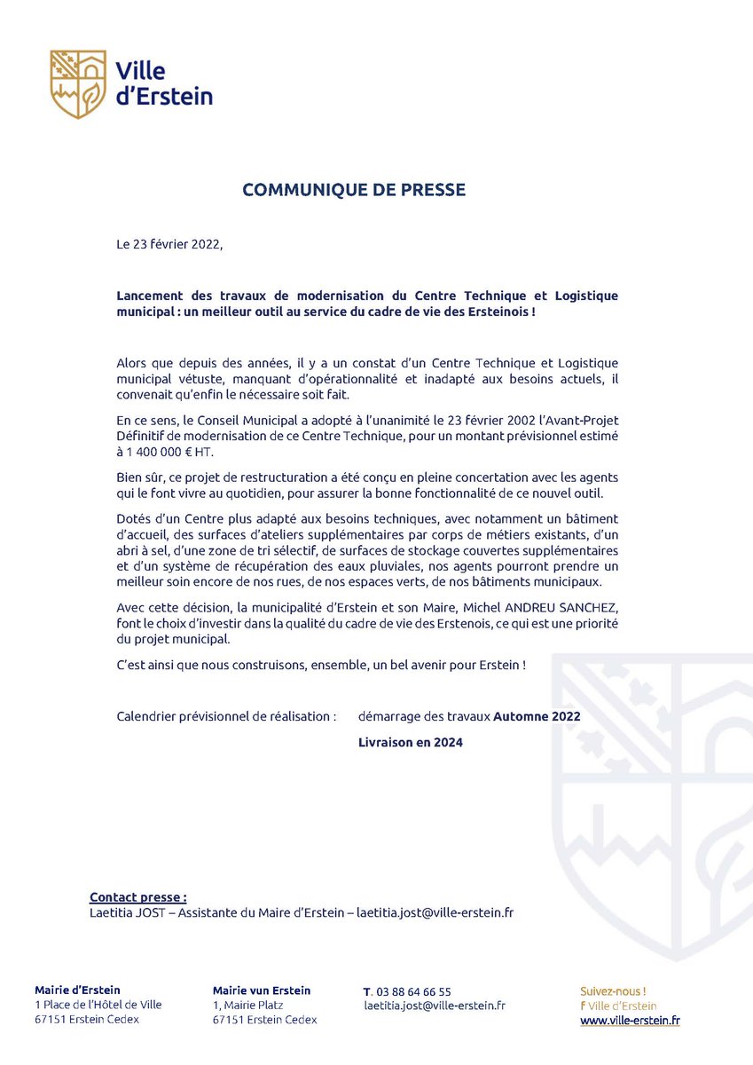 Communiqué sur la réflexion du Centre Technique et Logistique Municipal #VilleErstein