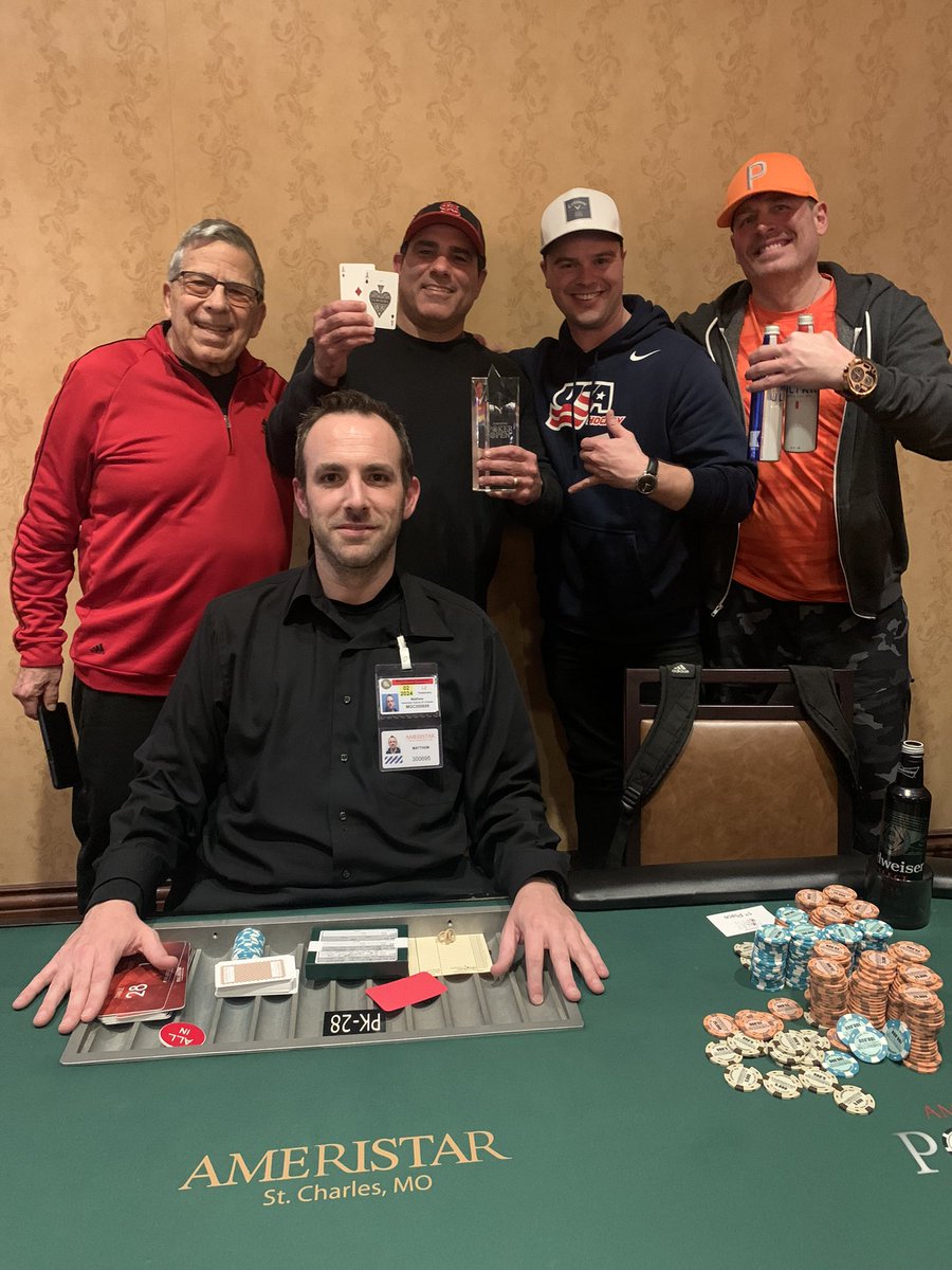 ratesbyjohn's tweet photo. Congratulations Mike @MhurleyRE Hurley (2nd from left) for winning APO $400 Main @AmeristarSC. He bested 982 runners ($333,800 Prizepool) &amp; ICM chopped for $42,590!

Corey Nazaruk - 2nd (white hat)
Anthony Daher. - 3rd (far left)
Jeffrey Copeland - 4th (far right) https://t.co/uDjRpsbC0H