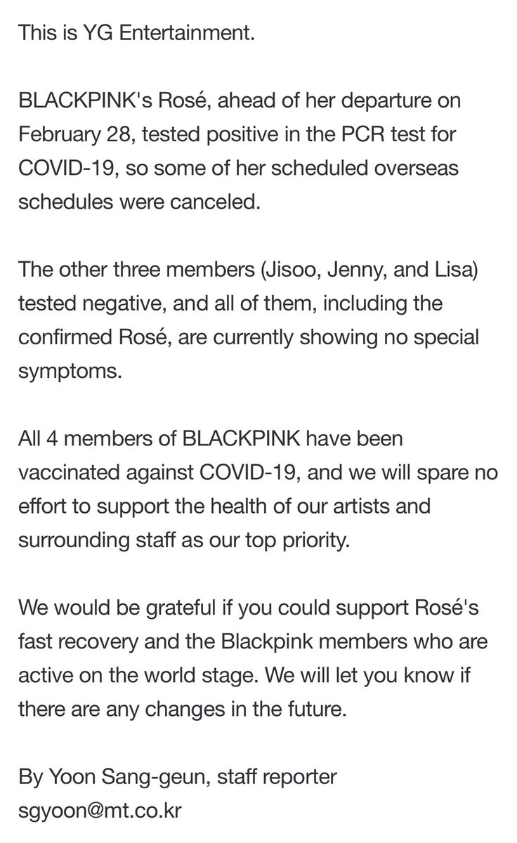 .@ygent_official has announced that @BLACKPINK member ROSÉ has tested positive for COVID-19. #GetWellSoonRosé #ROSÉ #blackpink