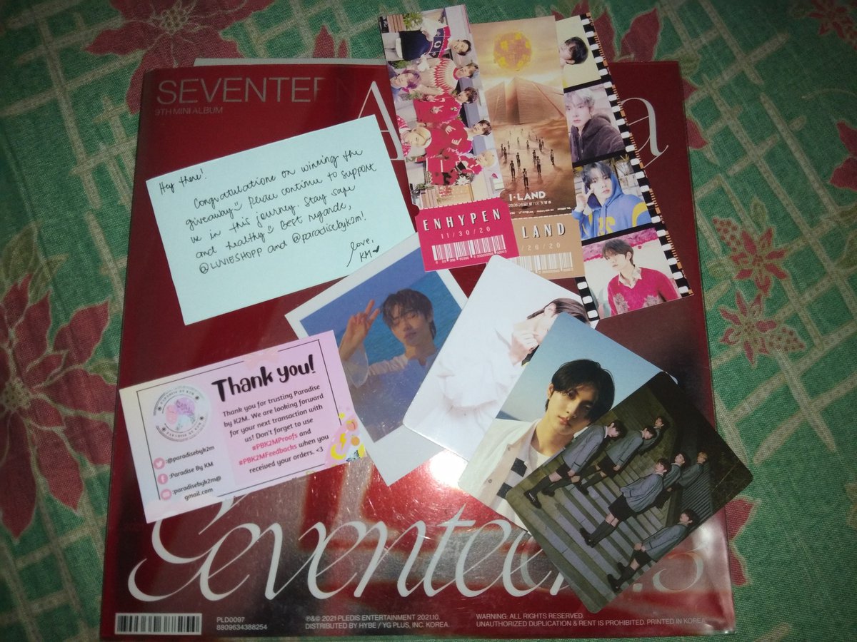 hoshi_yosh's tweet photo. First album and first seventeen merch ko to tas napanalunan ko pa! Thank you so much po @paradisebyk2m for this ga! Hindi ko talaga ineexpect na mananalo ako 😭 Super bilis niya maship and ang daming freebies! Will continue supporting your shop! 
#PBK2MProofs #PBK2MFeedbacks https://t.co/UtxWignrY9