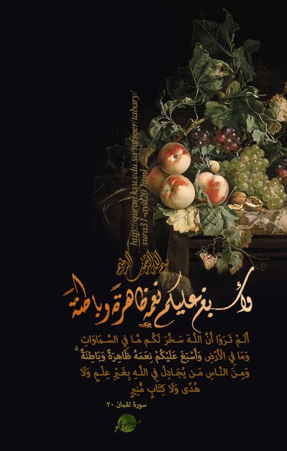 "أَلَمۡ تَرَوۡاْ أَنَّ ٱللَّهَ سَخَّرَ لَكُم مَّا فِي ٱلسَّمَٰوَٰتِ وَمَا فِي ٱلۡأَرۡضِ وَأَسۡبَغَ عَلَيۡكُمۡ نِعَمَهُۥ ظَٰهِرَةٗ وَبَاطِنَةٗۗ وَمِنَ ٱلنَّاسِ مَن يُجَٰدِلُ فِي ٱللَّهِ بِغَيۡرِ عِلۡمٖ وَلَا هُدٗى وَلَا كِتَٰبٖ مُّنِيرٖ"