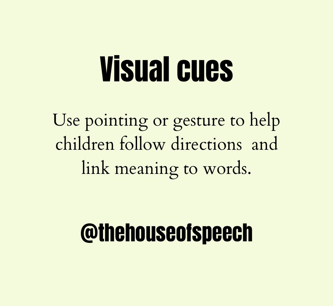 This strategy works with following directions and linking meaning to word with new vocabulary 
Follow directions:( put ball in basket)-while pointing to ball then basket as you say each of those words. 
Teach vocabulary: Point at an object as you name it
#speechtherapyideas