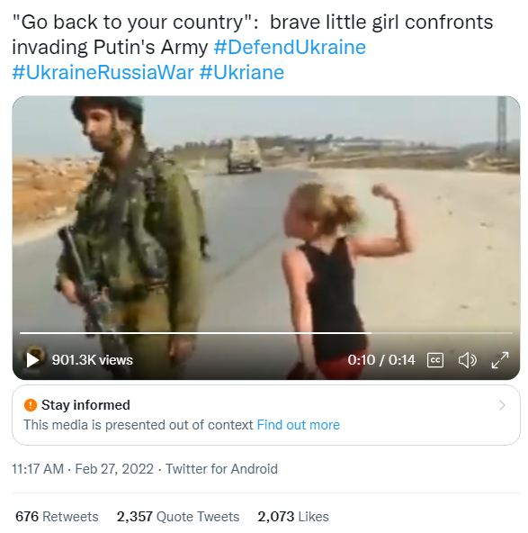 PressTV's tweet photo. Footage from 2012 recorded in occupied Palestine has become viral in 2022. 

It took 10 years for the mainstream media to acknowledge the girl is a "brave" one and the soldier is an "invading" trooper, only when it could be falsely presented as a video of #RussiaUkraineConflict. https://t.co/rD3k43hde7