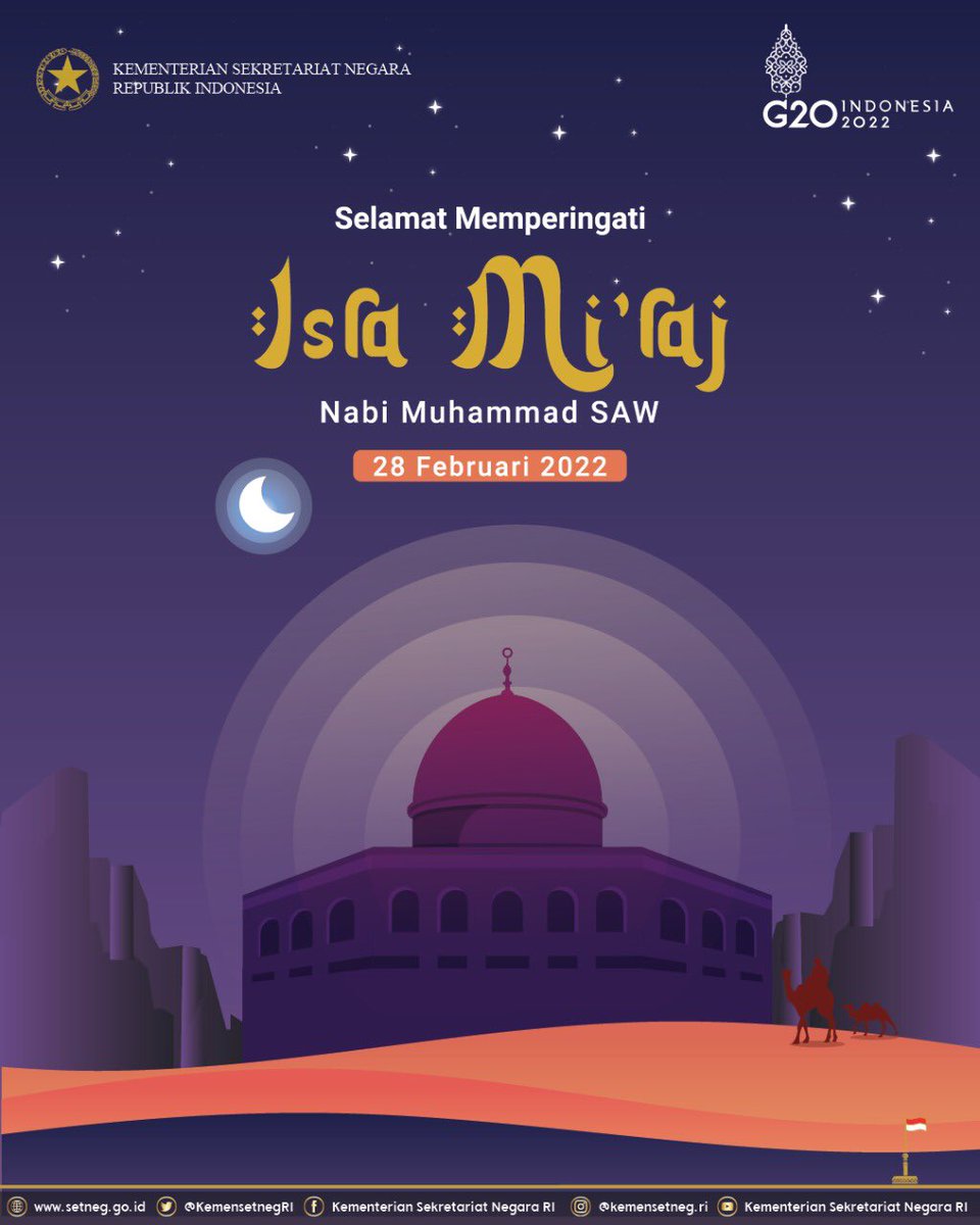 KemensetnegRI's tweet photo. 1. Keluarga besar Kementerian Sekretariat Negara mengucapkan Selamat Memperingati Isra Mi’raj bagi #SobatSetneg. Semoga syafaat Nabi Muhammad SAW selalu menyertai kita semua. https://t.co/hfjMvmVLvP