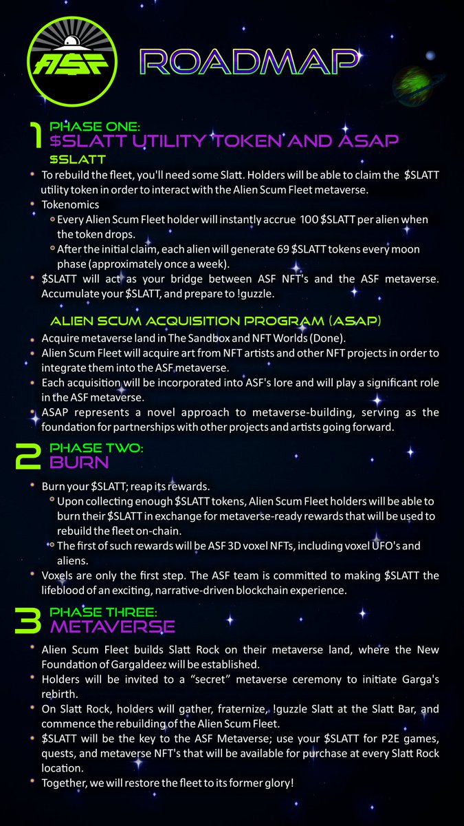 alienscumfleet's tweet photo. 💡Reminder: each alien will generate its holder 69 $SLATT every moon phase. More aliens 👽 = more $SLATT 🧪

Minting now at https://t.co/aIvCSfW9Wy

#SLATT #nft #NFTCommunity #utility #nftcollector https://t.co/9ifdMbTsvN