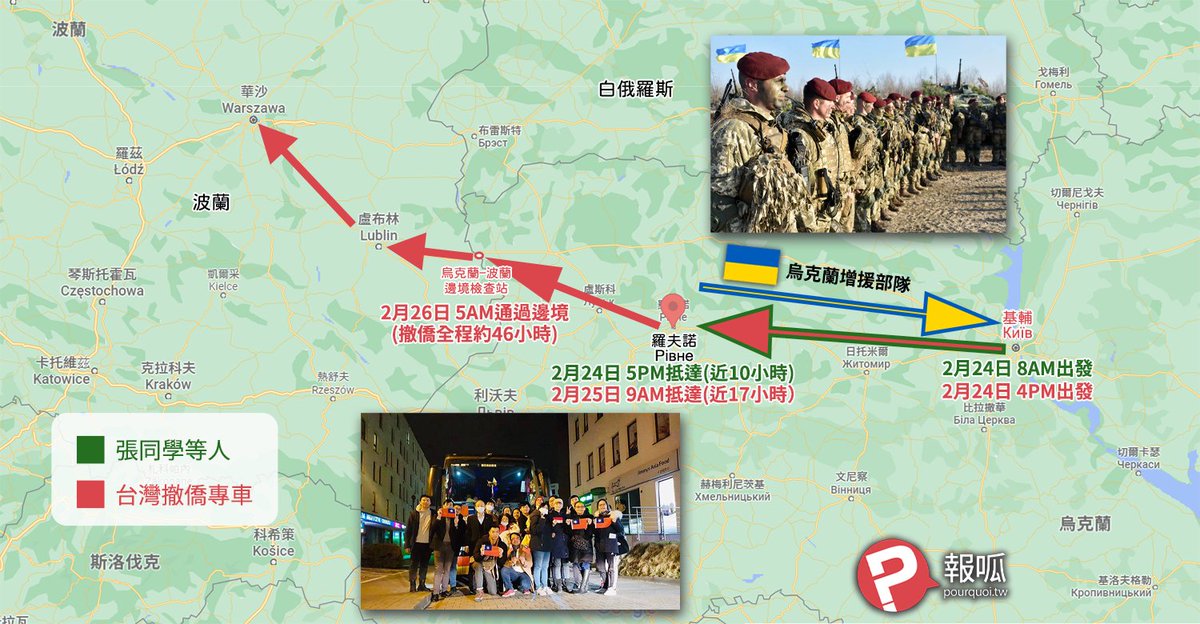 戰火無情！於是原本在基輔就讀烏克蘭航空大學的張同學，與其他在烏台灣人一起搭上台灣政府駐外單位費心安排的【撤僑專車】，前後超過 46 小時的驚險過程最後安全抵達波蘭。來看張同學與本報分享他的真實經歷。

😱 【獨家】俄羅斯大舉入侵烏克蘭！台灣留學生的撤僑實錄（圖）
pourquoi.tw/government-eva…