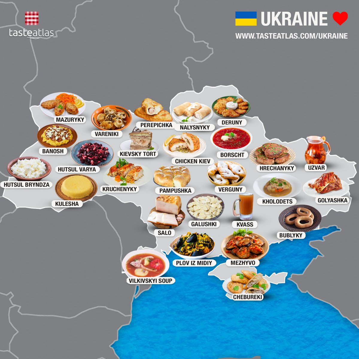 #烏克蘭 🇺🇦 加油！烏克蘭美食不能亡（握拳 ✊
愛吃鬼呱編有吃過 chicken kiev, borscht, chebureki, kruchenyky 和 salo 喔！可以確定的是，烏克蘭菜餚真的很好吃呢 😋
呱編最愛的還是 【基輔雞 chicken kiev】, 應該也是不用到烏克蘭但最容易在海外超市買到的烏克蘭菜餚吧。😋
圖片來源：TasteAtlas