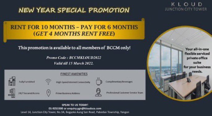New Year Special Promotion to BCCM Members by KLOUD

Flexible office solutions to fit your needs. Get 4 months rent-free for private office suites.