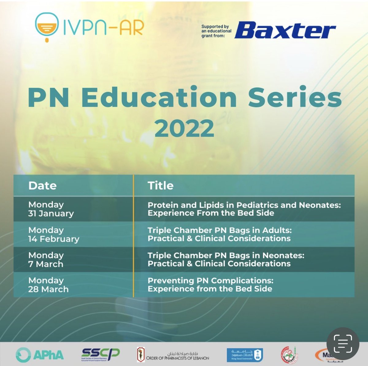 TabbaraOsama's tweet photo. Mark your calendar for March 7 & 28,
Thanks to #Baxter for supporting TPN education.
#IVPN_Networm #IVPNFindsTalents https://t.co/VfuhRBS7Lu