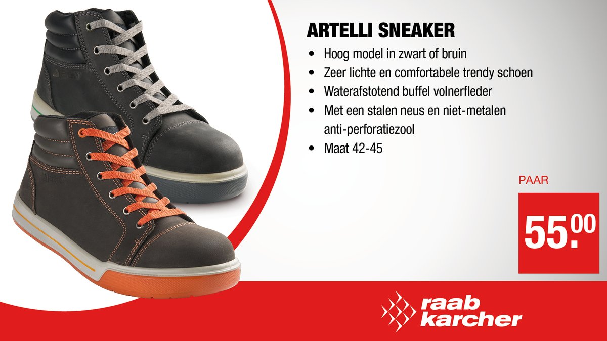 Raab Actie!
Artelli sneakers per paar 55 euro.
In zwart of bruin
Maat 42-45
ow.ly/27WP50I33wP