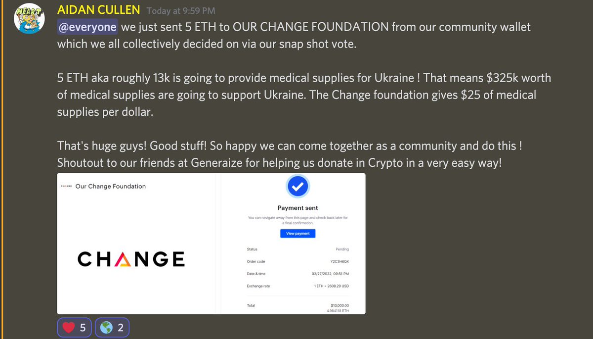 HeartNFTs's tweet image. This is huge guys ! 13k donated to Ukraine from our community wallet - $325k worth of medical supplies to support those affected ❤️❤️❤️ thanks @generaize for helping us make donating in crypto a very simple process !