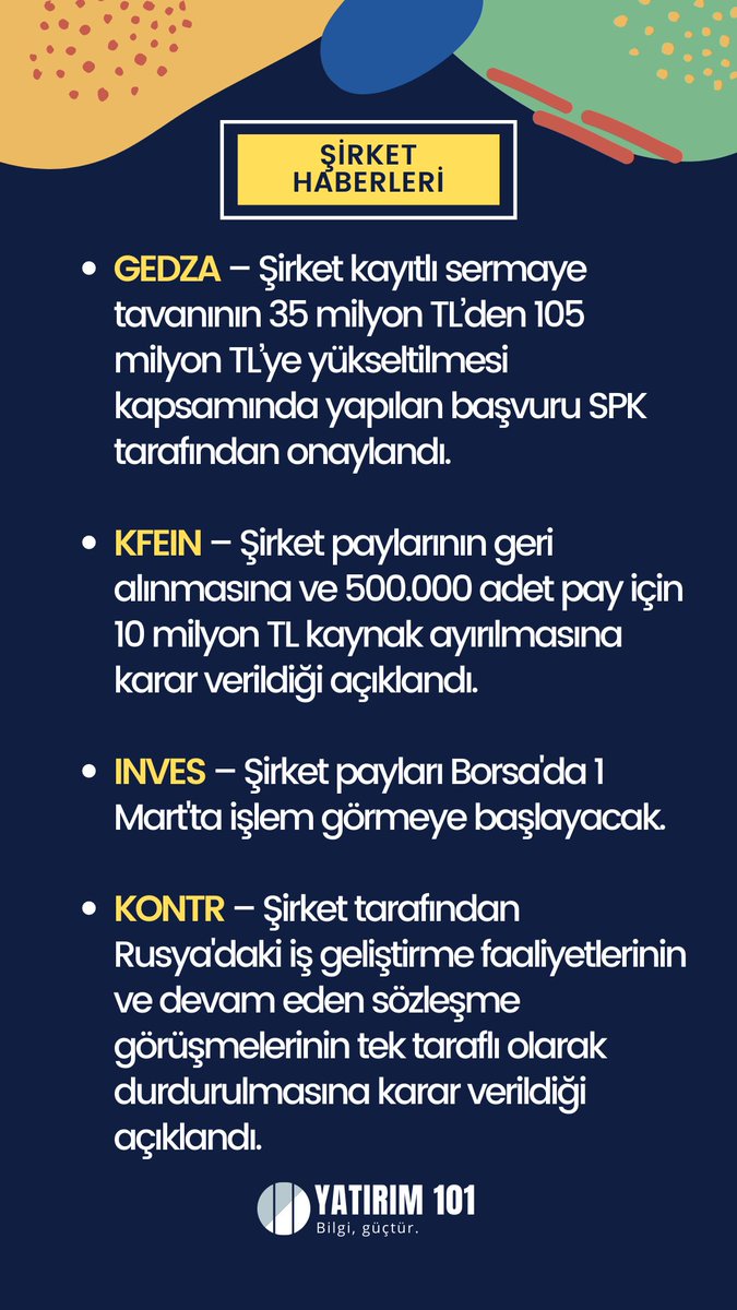 Yatirim101's tweet photo. Şirket Haberleri
#GEDSA #KFEIN #INVES #KONTR #MGROS #TCELL #YKSLN #ISCTR https://t.co/6rjBIvhldO