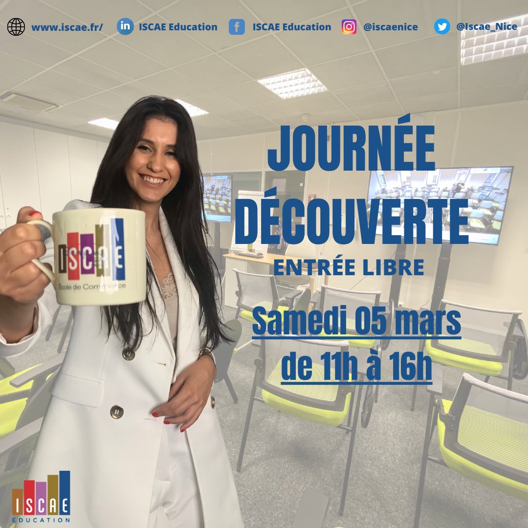 ➡️ Notre parcours découverte continue ! On vous attend nombreux le 5 mars 🚀
#jpo #Nice06 #businessshool 
Infos : iscae.fr