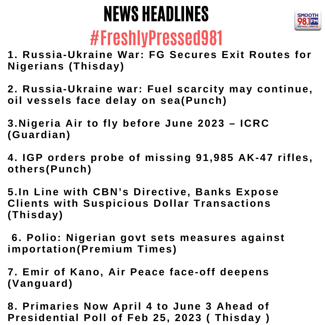 Join us this morning at 7:30am on #FreshlyPressed981 for in-depth analysis of these news stories.

Host; <a href="/SopeMartins/">Sope Martins</a> will be joined by guest analysts; <a href="/monsieurceee/">C</a>
<a href="/uadeahimie_/">UadeAhimie</a>

Be a part of the conversation.
WhatsApp: 08094440981