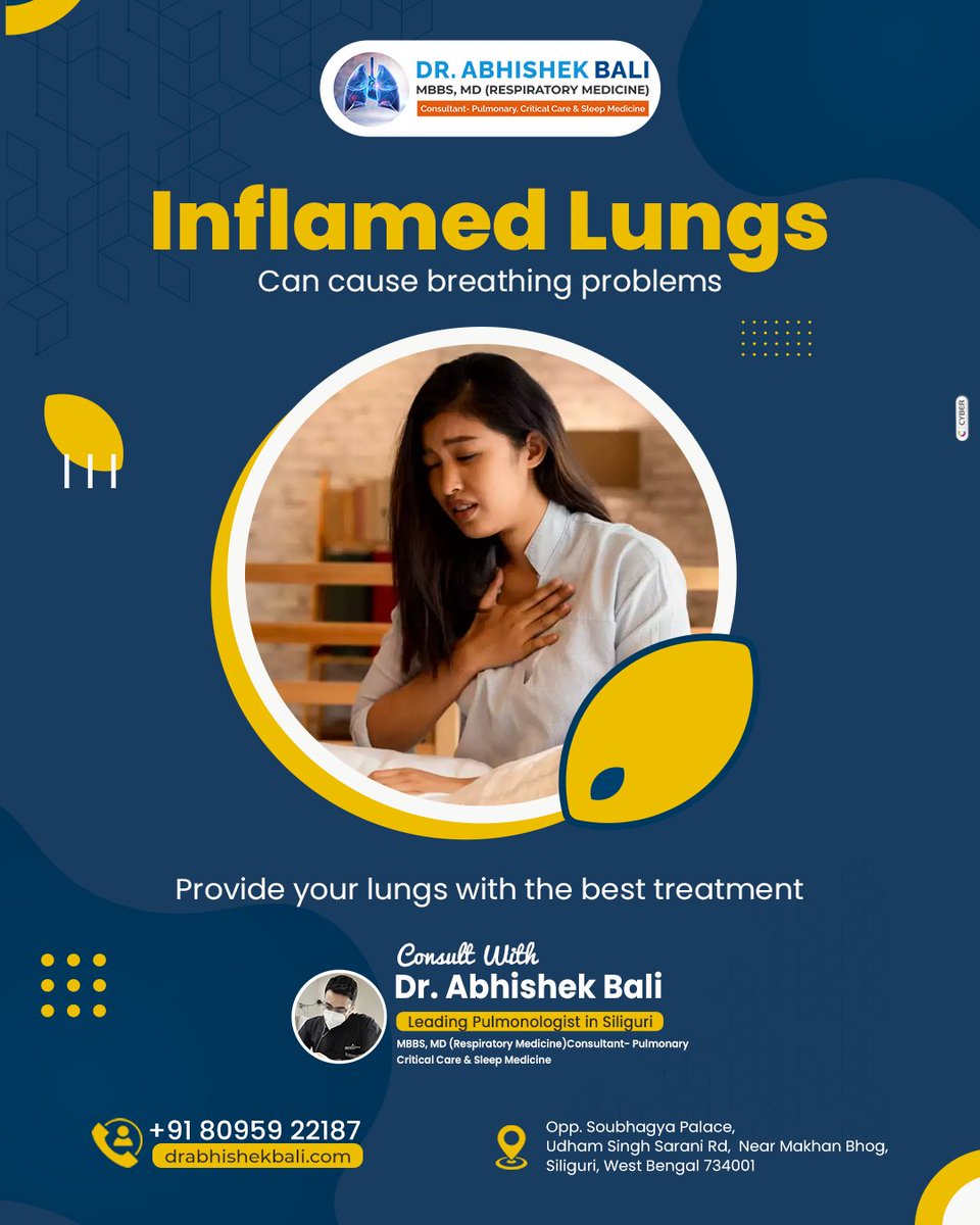 Inflamed Lungs can cause breathing problems.
Provide your lungs with the best treatment.
Consult Dr.Abhishek Bali Today.
Call for appointments: +91 80959 22187
Visit: drabhishekbali.com
#bestpulmonologist #pulmonologistinsiliguri #respiratory #breathe